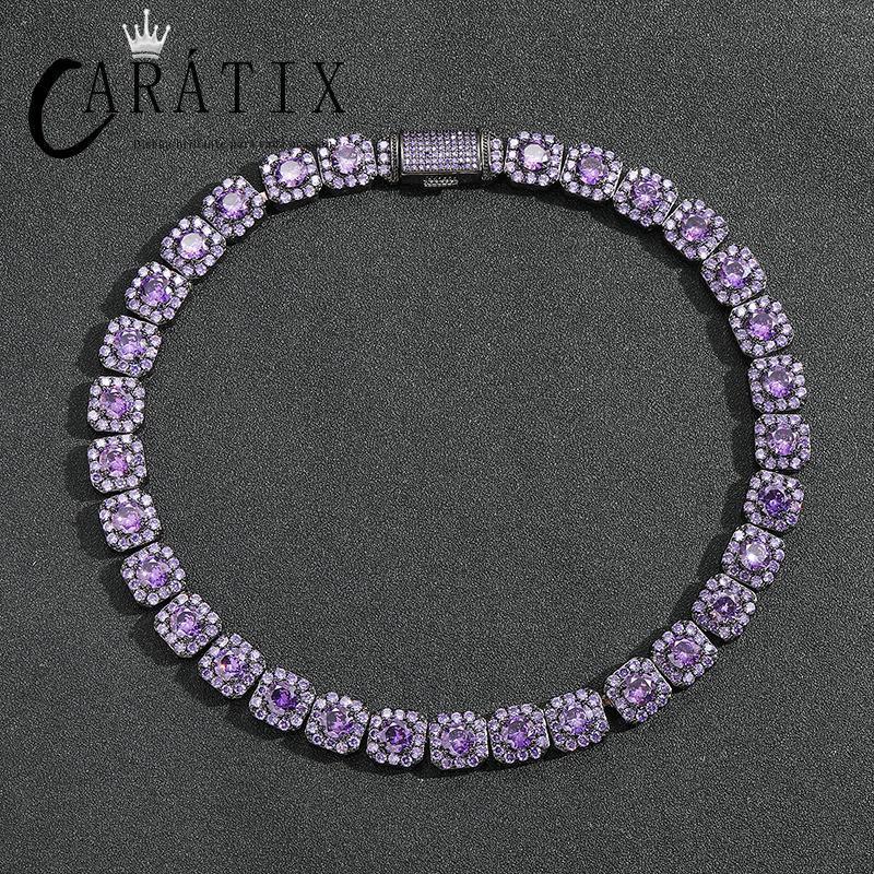 CARÁTIX Hip Hop Purple CZ Bling Iced Out 12MM Square Zirconia Tennis Link Chain Bracelet & Necklace for Men | Rapper Jewelry | Black Valentine's Day & Mother's Day Gift - CaratixJewelry