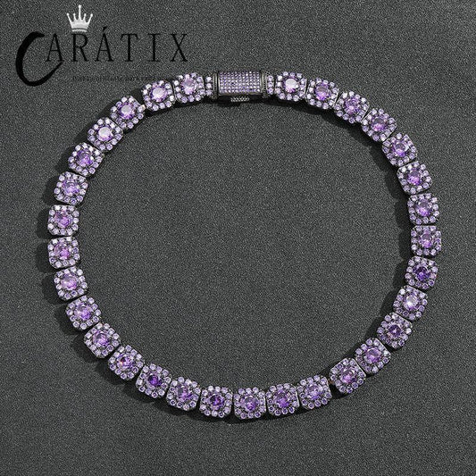 CARÁTIX Hip Hop Purple CZ Bling Iced Out 12MM Square Zirconia Tennis Link Chain Bracelet & Necklace for Men | Rapper Jewelry | Black Valentine's Day & Mother's Day Gift - CaratixJewelry