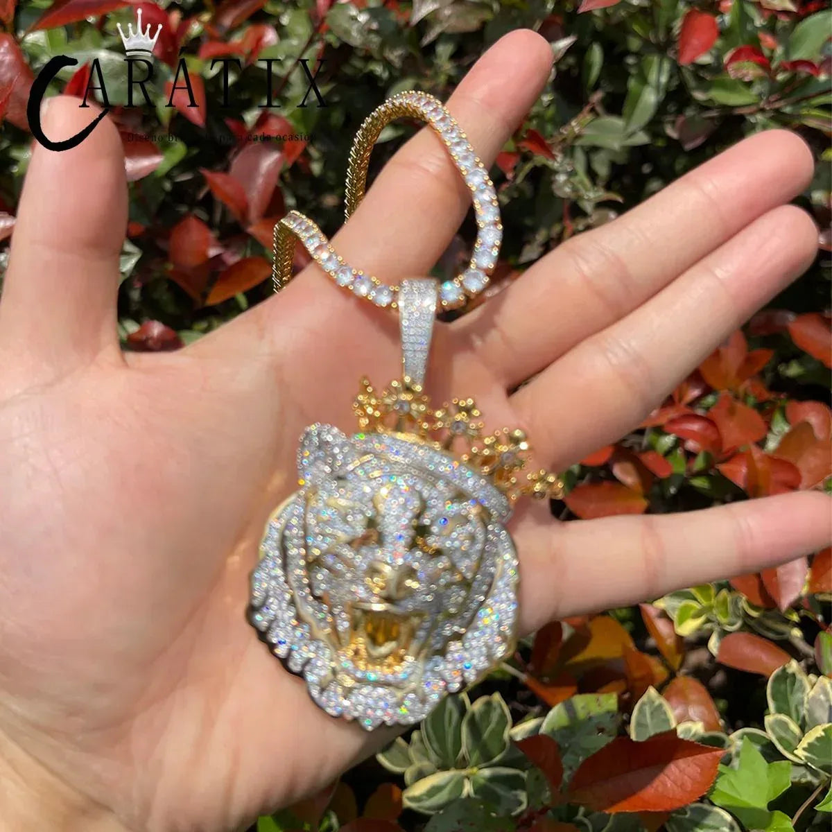 CARÁTIX Lion Crown Necklace for Men – Iced Out Prong Setting Pendant Chain | Double Color Hip Hop Jewelry | Perfect Valentine's Day & Mother's Day Gift - CaratixJewelry