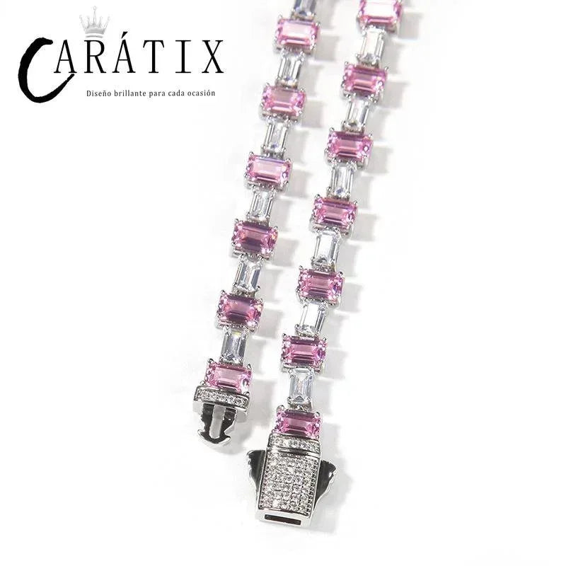 CARÁTIX Pink & White Square CZ Tennis Chain Necklace – Iced Out Hip Hop Bling Jewelry for Men & Women - CaratixJewelry
