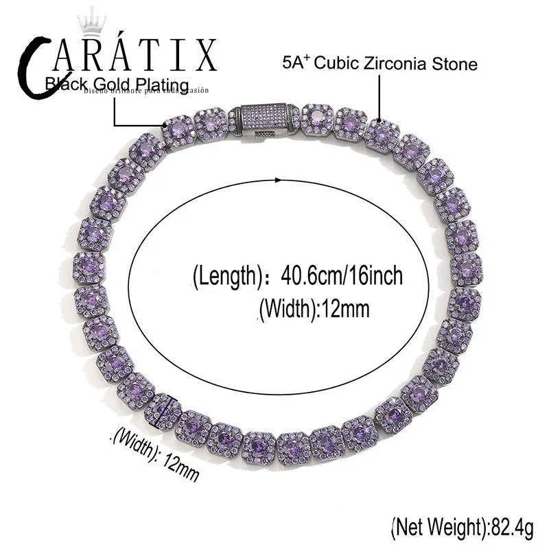 CARÁTIX Purple CZ Tennis Chain | 12mm Iced Out Square Link Bracelet & Necklace for Men - CaratixJewelry
