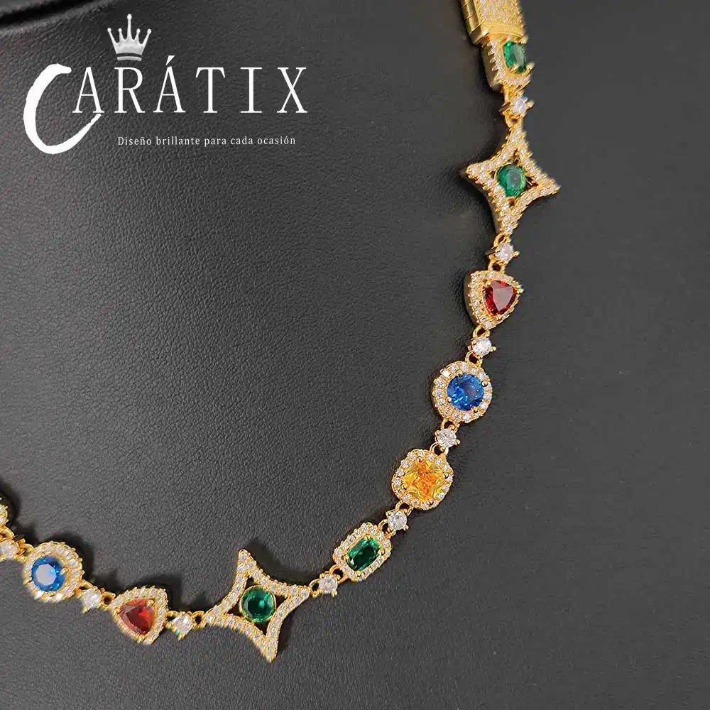 CARÁTIX Rainbow Gemstone Link Chain Necklace – Circle/Rectangle/Triangle Multicolor Choker for Women - CaratixJewelry