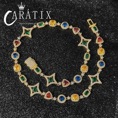 CARÁTIX Rainbow Gemstone Link Chain Necklace – Circle/Rectangle/Triangle Multicolor Choker for Women - CaratixJewelry