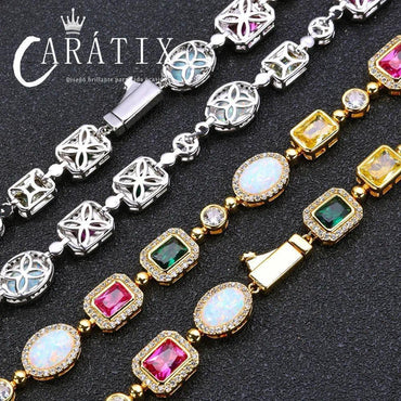 CARÁTIX Rainbow Gemstone Link Chain Necklace – Circle/Rectangle/Triangle Multicolor Choker for Women - CaratixJewelry