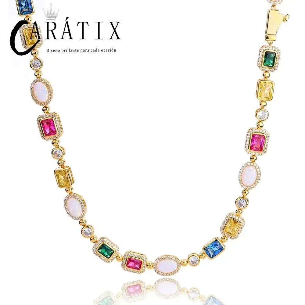 CARÁTIX Rainbow Gemstone Link Chain Necklace – Circle/Rectangle/Triangle Multicolor Choker for Women - CaratixJewelry