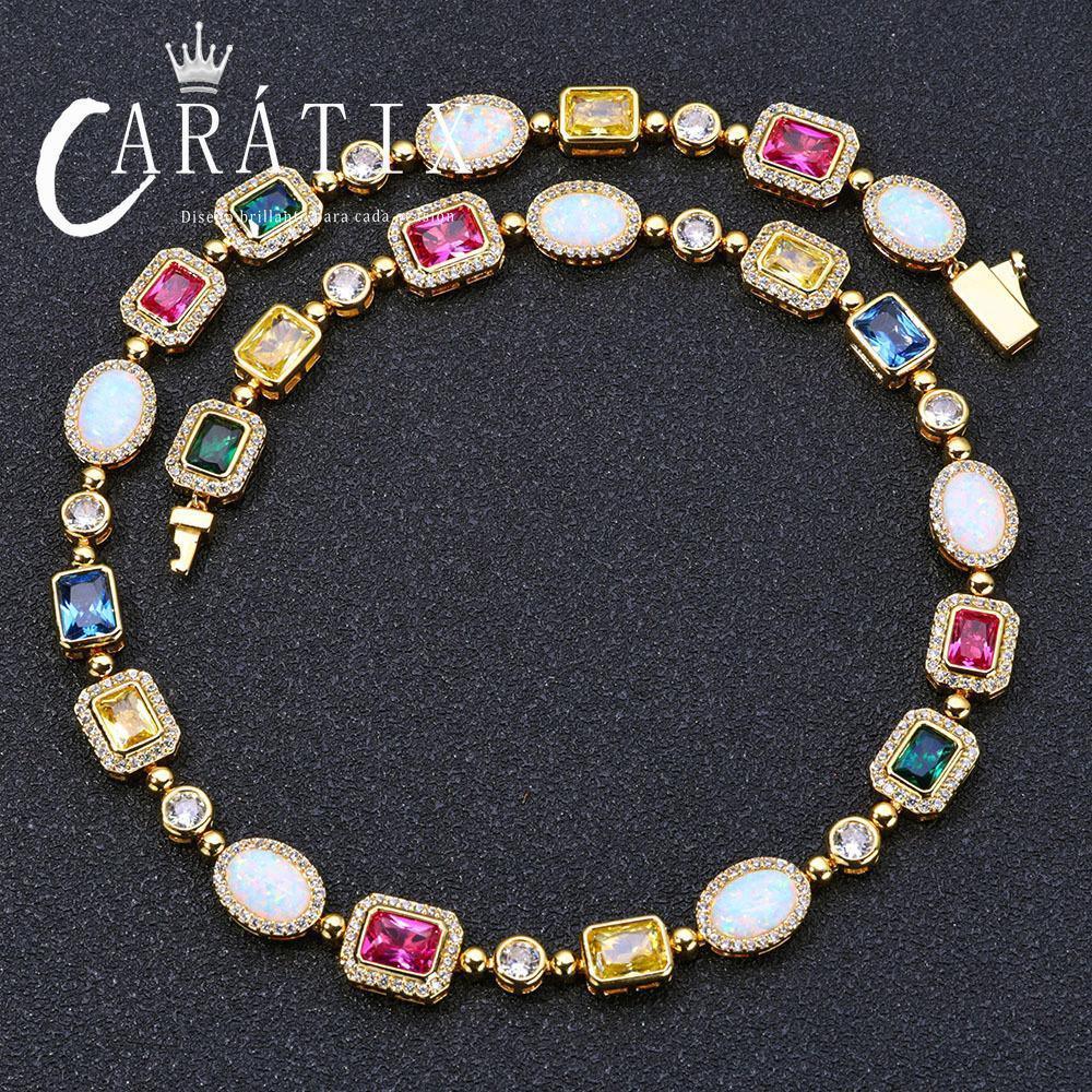 CARÁTIX Rainbow Gemstone Link Chain Necklace – Circle/Rectangle/Triangle Multicolor Choker for Women - CaratixJewelry