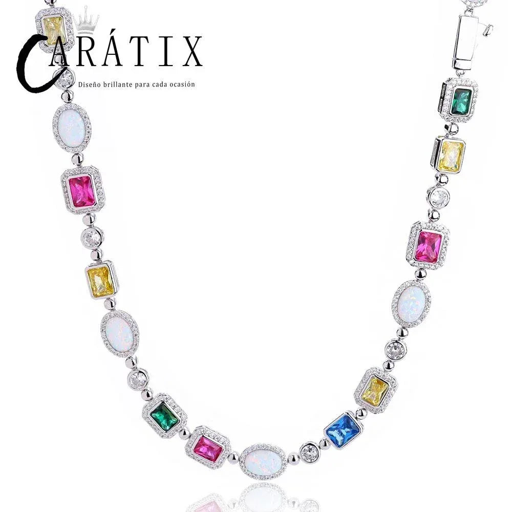 CARÁTIX Rainbow Gemstone Link Chain Necklace – Circle/Rectangle/Triangle Multicolor Choker for Women - CaratixJewelry
