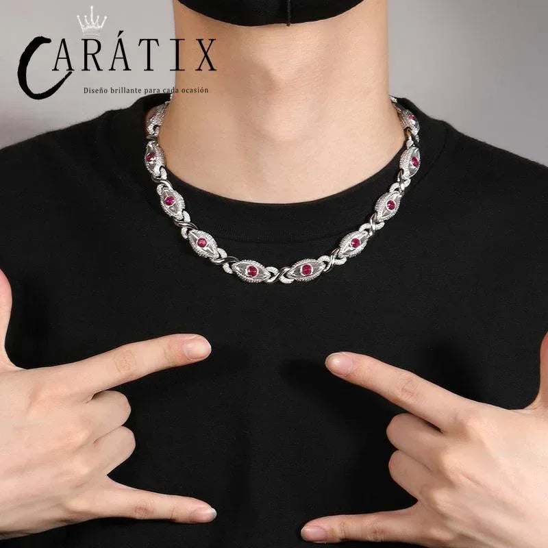 CARÁTIX Red Eyes Infinity Cuban Link Chain Necklace – 5A+ CZ Iced Out Hip Hop Bling Jewelry for Men | Rose & Silver Rapper Gift - CaratixJewelry