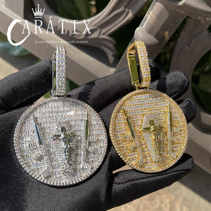 CARÁTIX Solid Back Necklace – Iced Out Gun Jesus Pendant with Big Circle Charms | Real Hip Hop Jewelry | 2025 Trend | Perfect Valentine's Day & Mother's Day Gift for Men, Women & Boys - CaratixJewelry