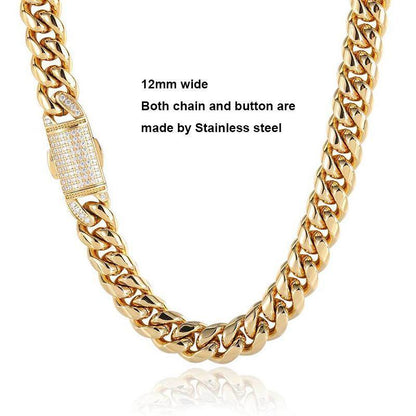 CARÁTIX Stainless Steel Cuban Miami Link Chain Necklace – Button Clasp Iced Out Hip Hop Jewelry for Men - CaratixJewelry