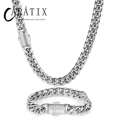 CARÁTIX Stainless Steel Cuban Miami Link Chain Necklace – Button Clasp Iced Out Hip Hop Jewelry for Men - CaratixJewelry