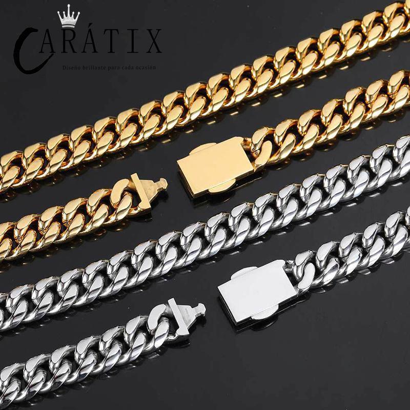 CARÁTIX Stainless Steel Cuban Miami Link Chain Necklace – Button Clasp Iced Out Hip Hop Jewelry for Men - CaratixJewelry