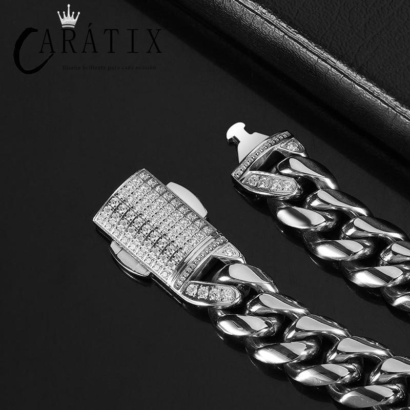 CARÁTIX Stainless Steel Cuban Miami Link Chain Necklace – Button Clasp Iced Out Hip Hop Jewelry for Men - CaratixJewelry