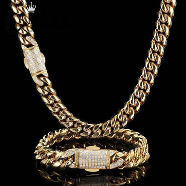 CARÁTIX Stainless Steel Cuban Miami Link Chain Necklace – Button Clasp Iced Out Hip Hop Jewelry for Men - CaratixJewelry