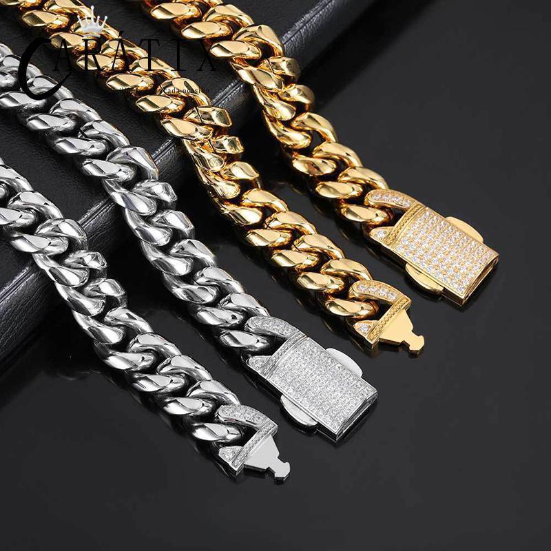 CARÁTIX Stainless Steel Cuban Miami Link Chain Necklace – Button Clasp Iced Out Hip Hop Jewelry for Men - CaratixJewelry