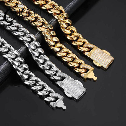 CARÁTIX Stainless Steel Cuban Miami Link Chain Necklace – Button Clasp Iced Out Hip Hop Jewelry for Men - CaratixJewelry