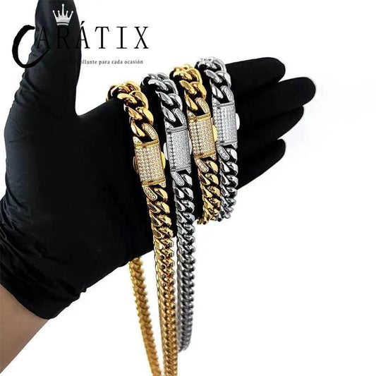 CARÁTIX Stainless Steel Cuban Miami Link Chain Necklace – Button Clasp Iced Out Hip Hop Jewelry for Men - CaratixJewelry