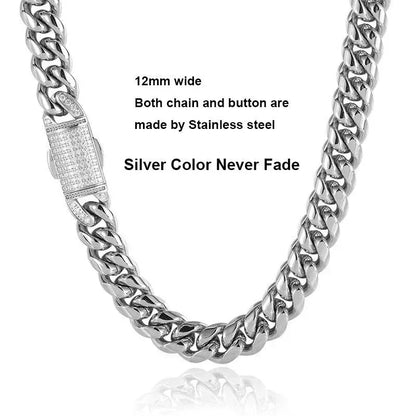 CARÁTIX Stainless Steel Cuban Miami Link Chain Necklace – Button Clasp Iced Out Hip Hop Jewelry for Men - CaratixJewelry