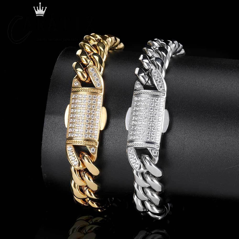 CARÁTIX Stainless Steel Cuban Miami Link Chain Necklace – Button Clasp Iced Out Hip Hop Jewelry for Men - CaratixJewelry