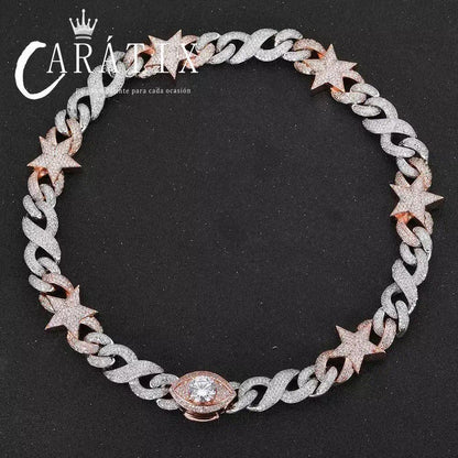CARÁTIX Two-Tone Pink & Silver Star Cuban Link Chain Necklace – Eye Clasp Iced Out Hip Hop Luxury Choker Jewelry | Party Gift - CaratixJewelry