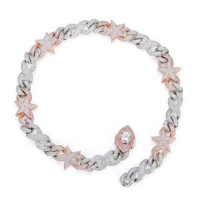 CARÁTIX Two-Tone Pink & Silver Star Cuban Link Chain Necklace – Eye Clasp Iced Out Hip Hop Luxury Choker Jewelry | Party Gift - CaratixJewelry