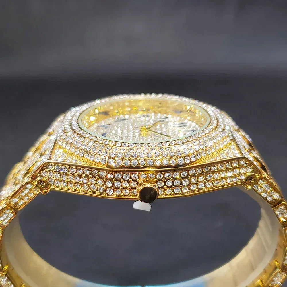 Luxury Octagonal Gold Watch for Men | Blue Numerals Full Iced Out Watch | Waterproof Calendar Hip Hop Wristwatch | Caratix - CaratixJewelry