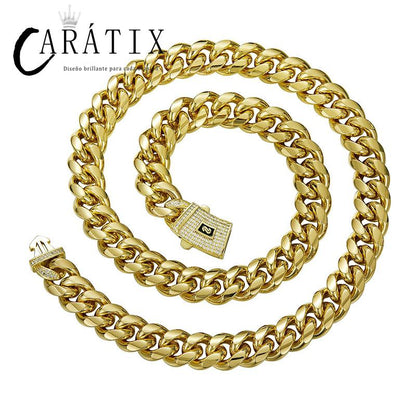 CARÁTIX Gold Stainless Steel Cuban Link Chain Necklace – CZ Iced Out Hip Hop Bling Jewelry for Men | Box Lock Rapper Gift
