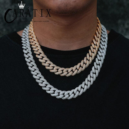 CARÁTIX 15mm Iced Out Cuban Link Chain Necklace – 3 Row Round CZ Hip Hop Bling Jewelry for Men | Rapper Gift