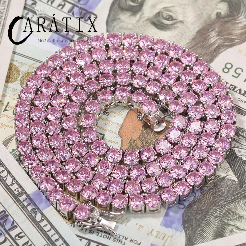 CARÁTIX - 4mm wide Pink/Blue Zircon Tennis Chokers Necklaces for Women Men Bling Iced Out 1 Row CZ Stone Link Chain Hip Hop Rapper Jewelry Valentine's Day Gift for Men & Girls & Boys Mothers' Day Gift #Springtok