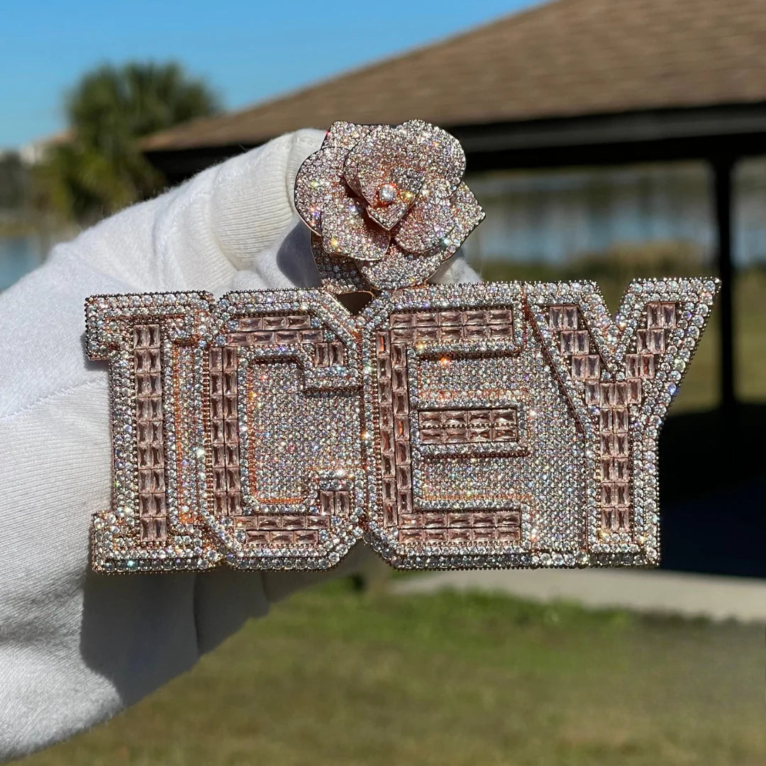 Rising Rose Edition Iced Out Personalized Custom Name Necklace Pendant with Rose Flower Bail - Luxury Jewelry