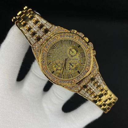 Chronograph Roman Numerals Iced Out Watch – Luxury Hip Hop Timepiece - CaratixJewelry
