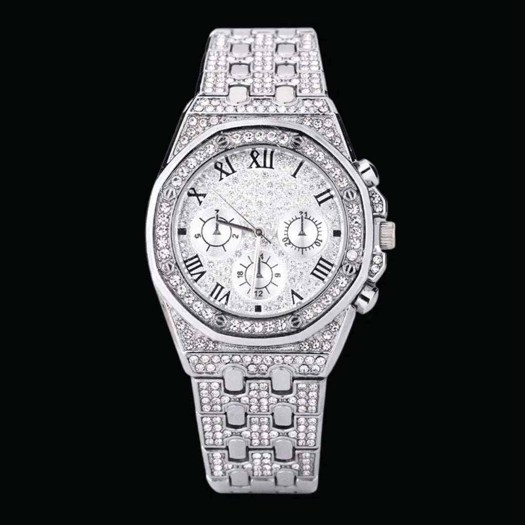 Chronograph Roman Numerals Iced Out Watch – Luxury Hip Hop Timepiece - CaratixJewelry