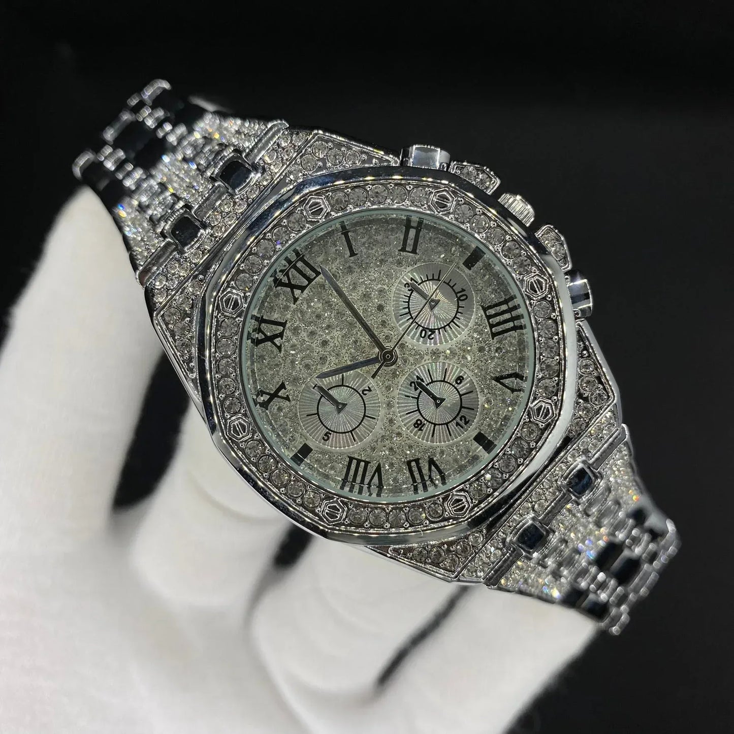 Chronograph Roman Numerals Iced Out Watch – Luxury Hip Hop Timepiece - CaratixJewelry