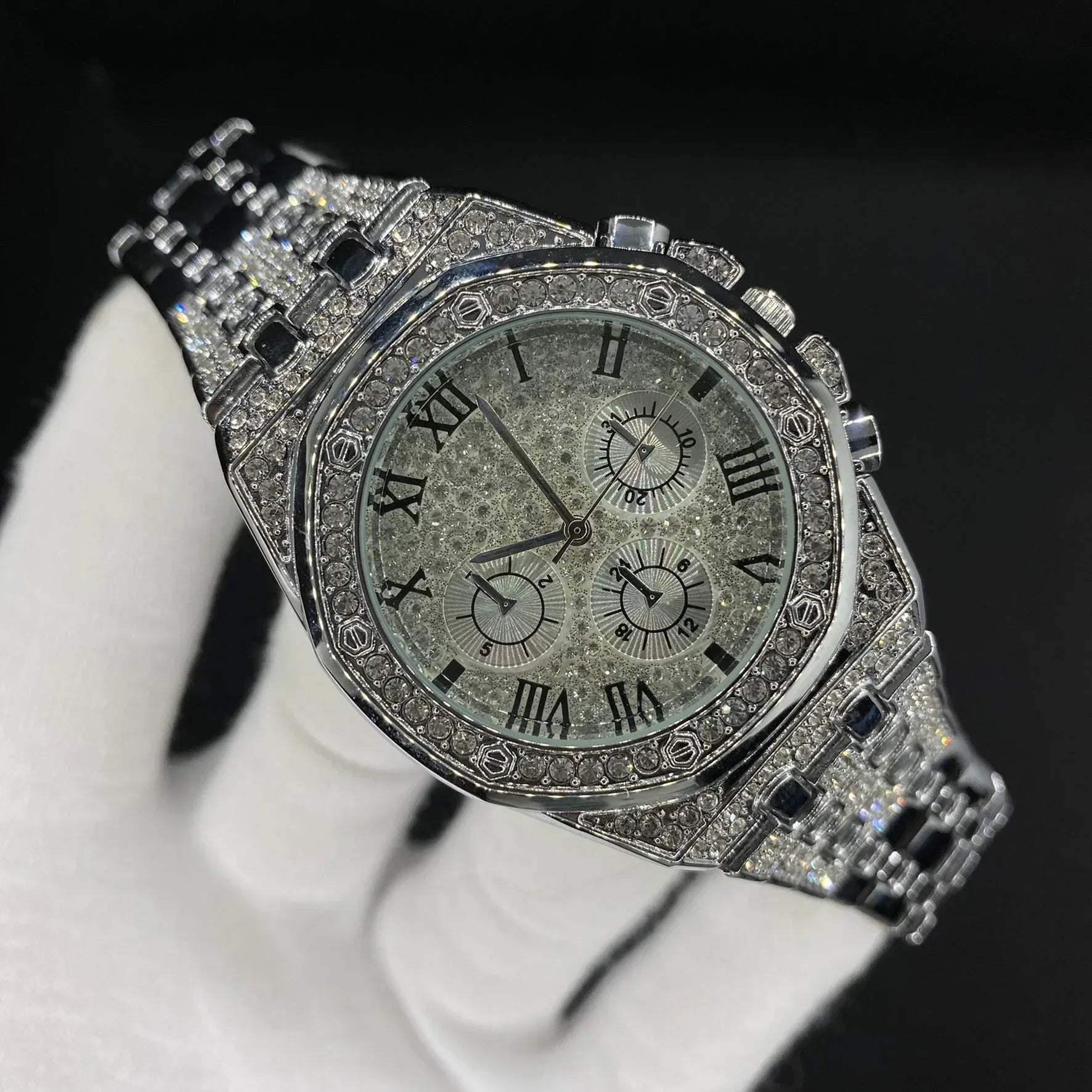Chronograph Roman Numerals Iced Out Watch – Luxury Hip Hop Timepiece - CaratixJewelry