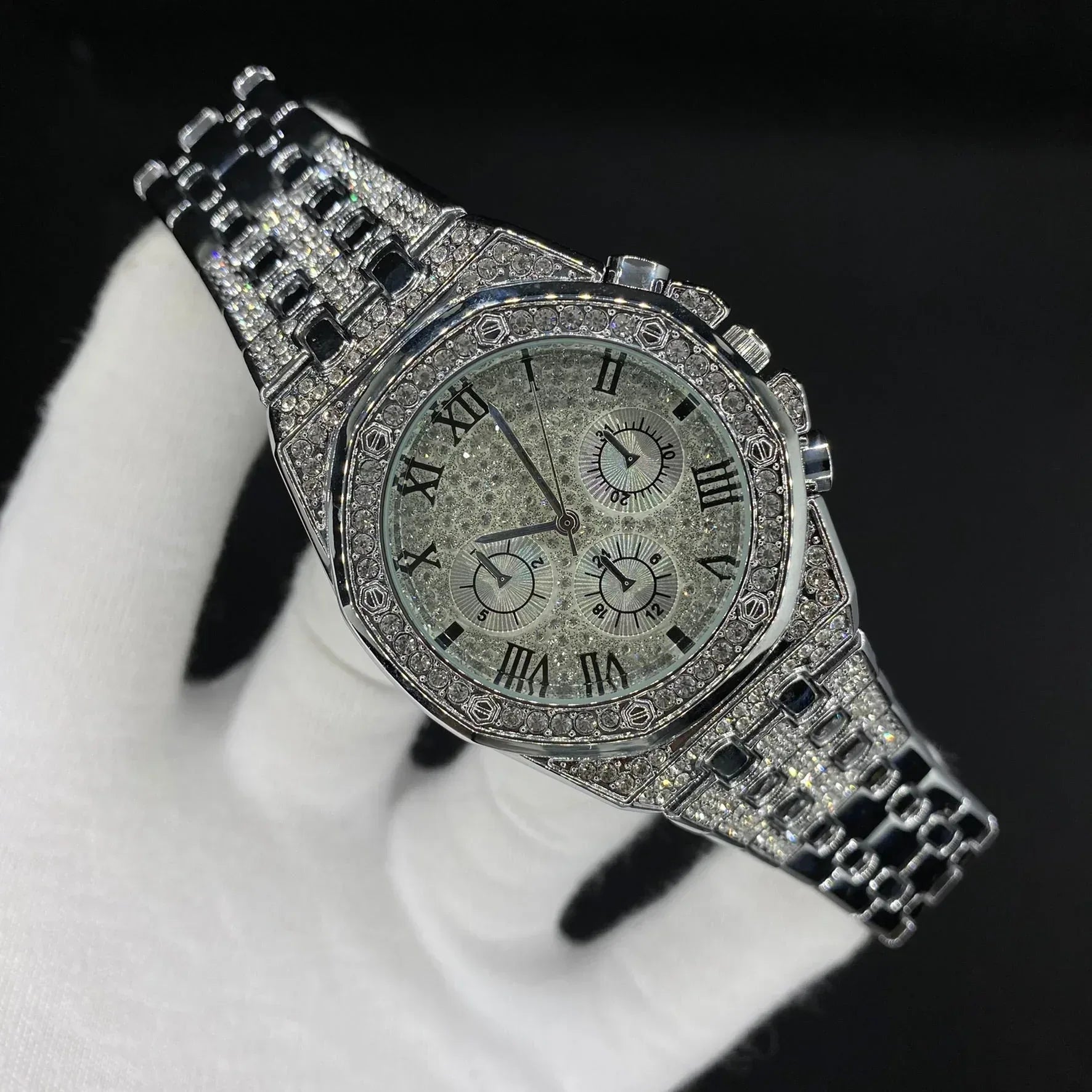 Chronograph Roman Numerals Iced Out Watch – Luxury Hip Hop Timepiece - CaratixJewelry