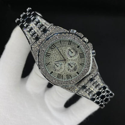 Chronograph Roman Numerals Iced Out Watch – Luxury Hip Hop Timepiece - CaratixJewelry