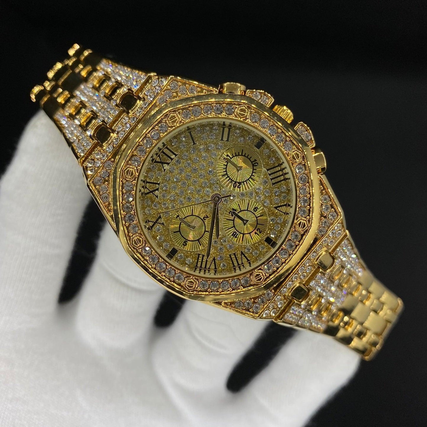 Chronograph Roman Numerals Iced Out Watch – Luxury Hip Hop Timepiece - CaratixJewelry