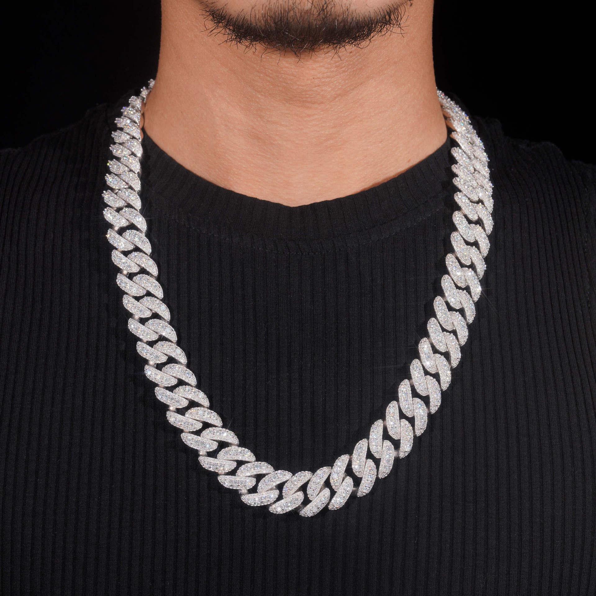 Crescent Moissanite Cuban Link Chain – S925 Sterling Silver Iced-Out Hip Hop Necklace (13mm / 15mm / 16mm / 18mm) - CaratixJewelry