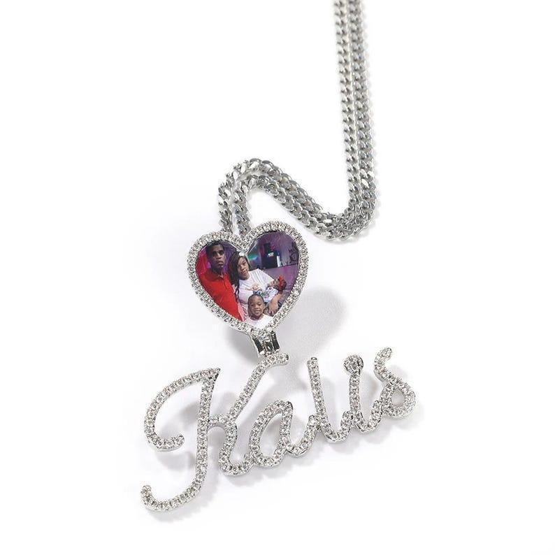 Cursive Letter Name Small Heart Pendant DIY Photo Necklace Full Iced Out Cubic Zirconia CZ Stone Hiphop Jewelry - CaratixJewelry