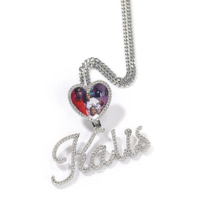 Cursive Letter Name Small Heart Pendant DIY Photo Necklace Full Iced Out Cubic Zirconia CZ Stone Hiphop Jewelry - CaratixJewelry
