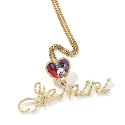 Cursive Letter Name Small Heart Pendant DIY Photo Necklace Full Iced Out Cubic Zirconia CZ Stone Hiphop Jewelry - CaratixJewelry