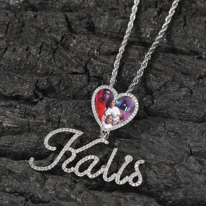 Cursive Letter Name Small Heart Pendant DIY Photo Necklace Full Iced Out Cubic Zirconia CZ Stone Hiphop Jewelry - CaratixJewelry