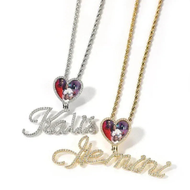 Cursive Letter Name Small Heart Pendant DIY Photo Necklace Full Iced Out Cubic Zirconia CZ Stone Hiphop Jewelry - CaratixJewelry