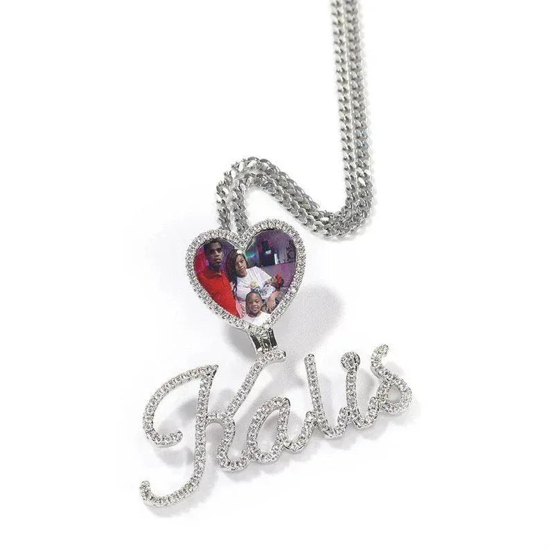 Cursive Letter Name Small Heart Pendant DIY Photo Necklace Full Iced Out Cubic Zirconia CZ Stone Hiphop Jewelry - CaratixJewelry
