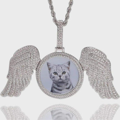 Custom Big Angel Wing Round Photo Necklace Women Personalized Memory Jewelry Customized Picture Pendant Charm Men Free Engrave - CaratixJewelry