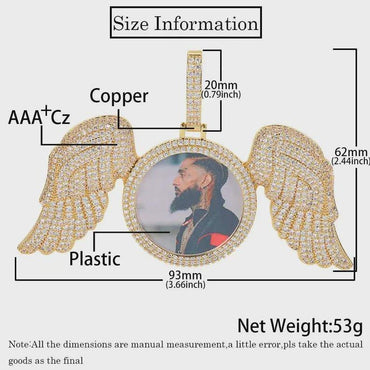 Custom Big Angel Wing Round Photo Necklace Women Personalized Memory Jewelry Customized Picture Pendant Charm Men Free Engrave - CaratixJewelry