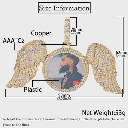 Custom Big Angel Wing Round Photo Necklace Women Personalized Memory Jewelry Customized Picture Pendant Charm Men Free Engrave - CaratixJewelry