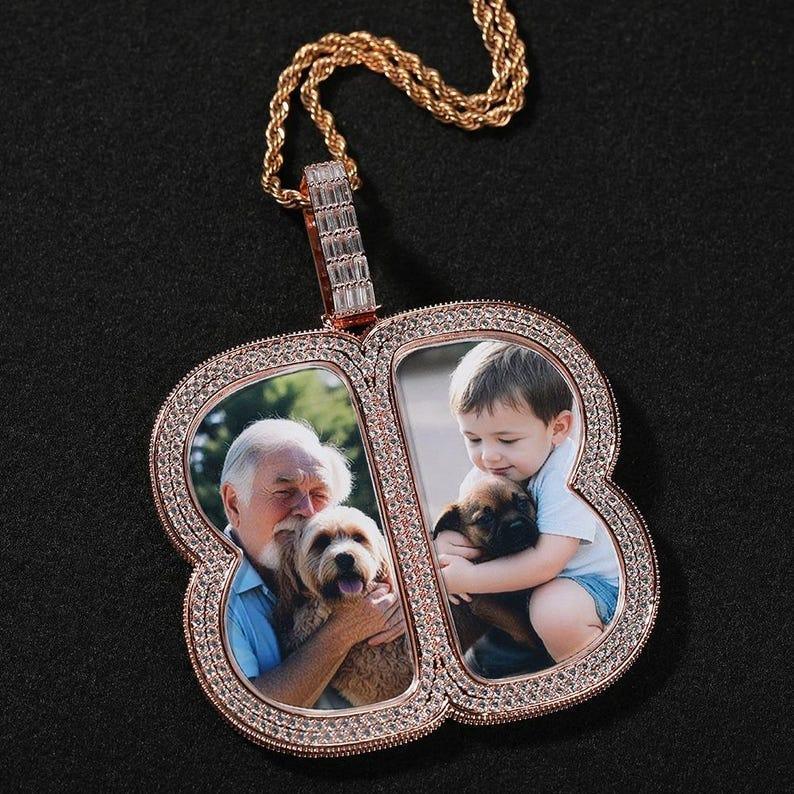 Custom Big Butterfly Photo Pendant Necklace For Men Women Engravable Iced Out Cz Couples Memorial Jewelry - CaratixJewelry