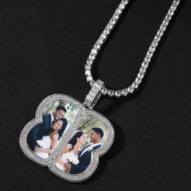 Custom Big Butterfly Photo Pendant Necklace For Men Women Engravable Iced Out Cz Couples Memorial Jewelry - CaratixJewelry