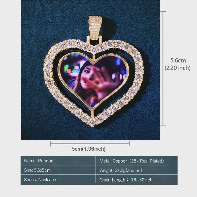 Custom Big Rotate Heart Photo Pendant For Men Women Ice Zircon Make Memory Picture Necklace Chain Hip Hop Jewelry - CaratixJewelry
